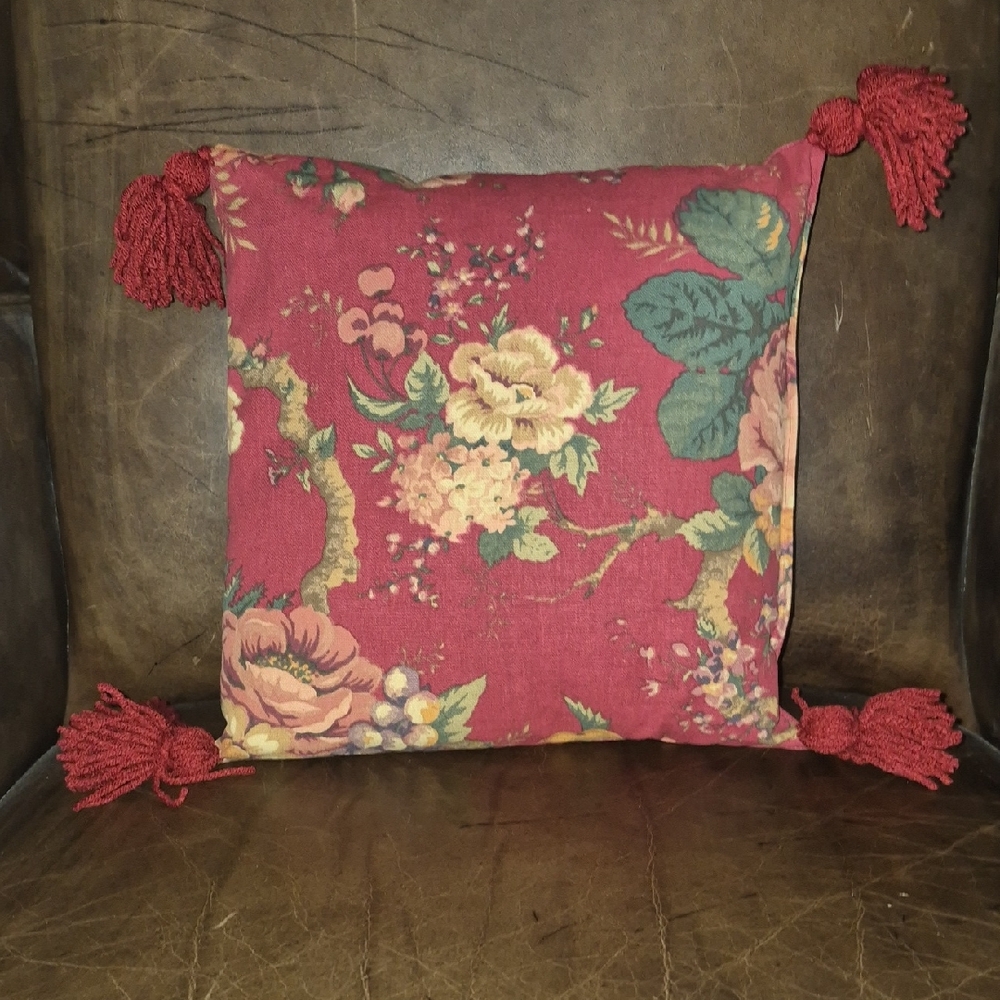 Floral Red Throw Pillow with Tassels